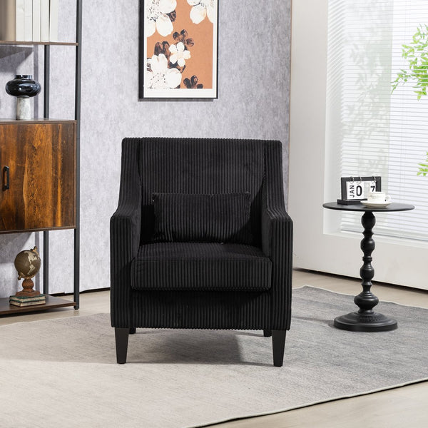 English Elm COOLMORE Modern Accent Chair with Plush Corduroy Upholstery, Solid Wood Frame and Two Pillows Black W395P195364
