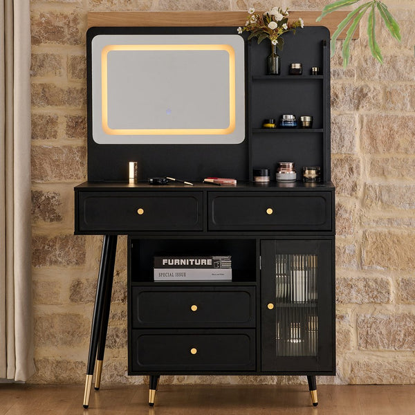 English Elm Modern Makeup Vanity Desk with LED 3-Color Mirror, Built-In Power Station, Sliding Cabinet, Stool Black N844P288432B