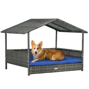 English Elm Pawhut Wicker Dog House With Canopy, Stylish Rattan Bed For Small To Medium Dogs, Dark Blue Cozy Retreat W2225P173753-GIGA