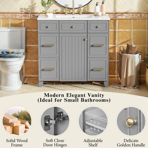 English Elm 36" 36-inch Transitional Bathroom Vanity with Ceramic Basin, Solid Wood Frame, Soft-Close Storage Elegance Grey N729P255663E