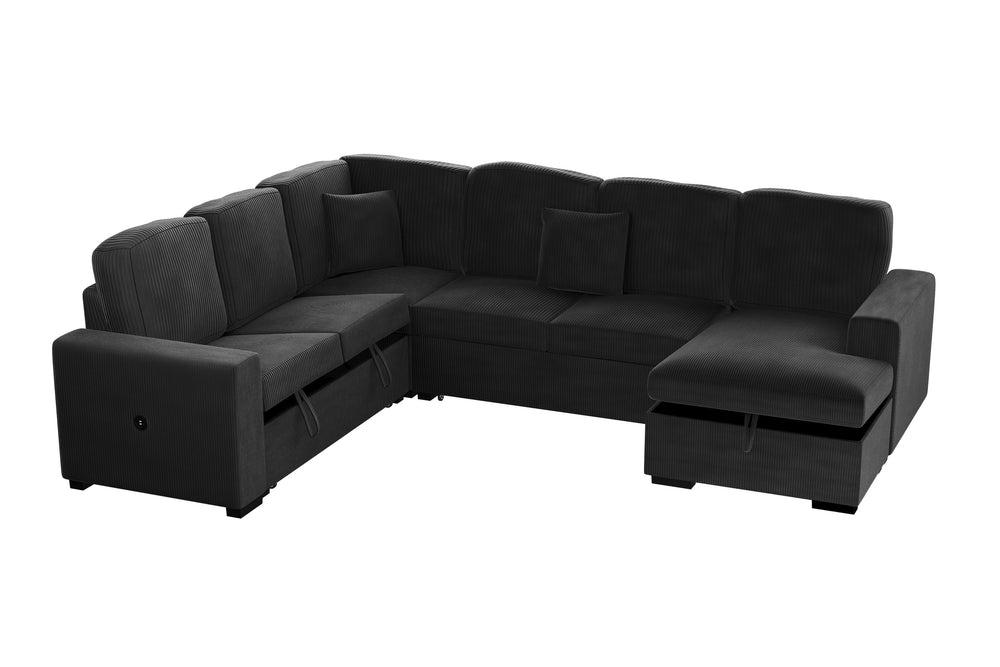 English Elm Modern Corduroy 4-piece Sectional with Storage Pull Out Bed and Usb Charging Port Black B011S02180