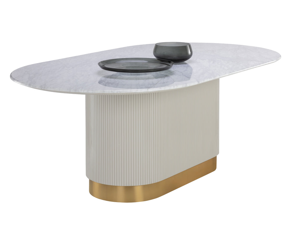 Sunpan Paloma Dining Table - Elegant White Marble Top with Cream Reeded Base and Gold Inlay for Luxe Spaces Oval - 84W x 47.25D x 30H