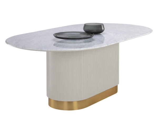 Sunpan Paloma Dining Table - Elegant White Marble Top with Cream Reeded Base and Gold Inlay for Luxe Spaces Oval - 84W x 47.25D x 30H