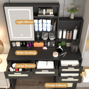 English Elm Makeup Vanity with Lights, Openable Mirror & Ample Storage Shelves, 4 Drawers and Cabinet Elegance Black W2227P160482