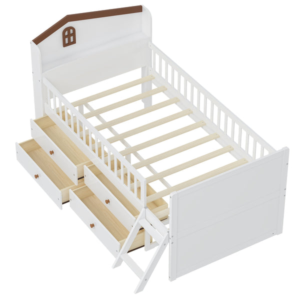 English Elm Twin Bed Frame with Storage Drawers and House Headboard, Kids Platform Bed with Guardrail Ladder and Shelf White 49.3 L x 16.25 W x 7.75 H N733S278032K