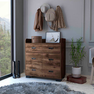 English Elm Anemone Elegant 5-Drawer Dresser with Double Drawer & Spacious Storage, Durable Particleboard Design Brown 37 L x 21 W x 6 H B128S00078