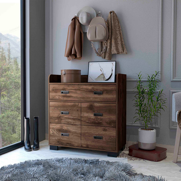 English Elm Anemone Elegant 5-Drawer Dresser with Double Drawer & Spacious Storage, Durable Particleboard Design Brown 37 L x 21 W x 6 H B128S00078