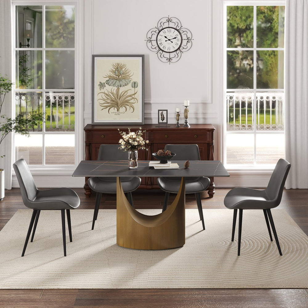 English Elm 55.12"Modern Sintered Stone Dining Table with Bronze Iron Legs — Sleek Rectangular Top, Seats 6, 400 lb Capacity Antique Brass,Black W1535S00555