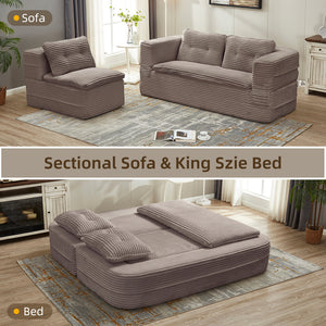 English Elm Multi Purpose Corduroy Sectional with Chaise Converts to King Floor Bed Deep Seat Coffee W3219S00010