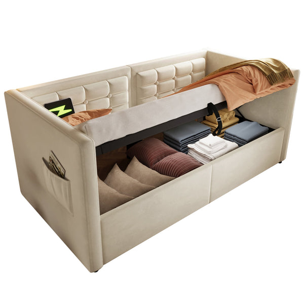 English Elm Upholstered Twin Daybed with Hydraulic Storage, Velvet Tufted Sofa Back, USB & Type-C Charging Port Beige N736P303402B
