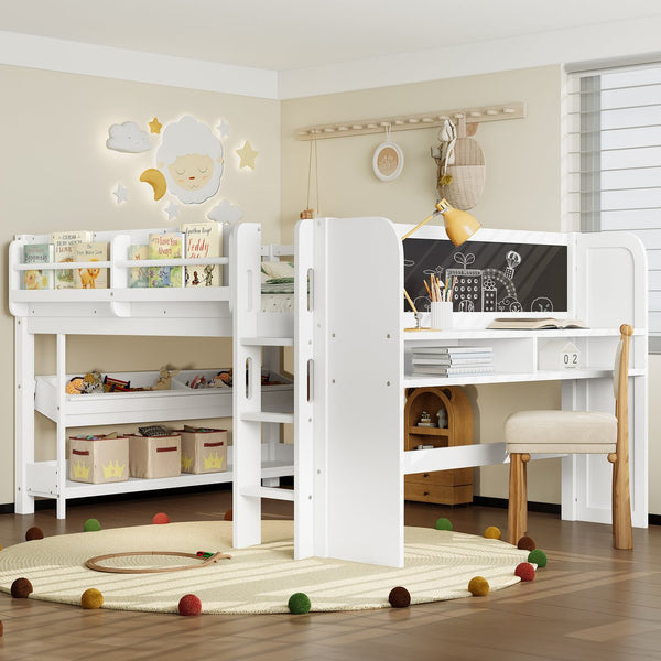 English Elm Twin Low Loft Bed Solid Pine Frame Kids Study Desk Blackboard Storage White Light White W1580S00299