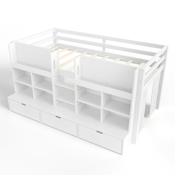 English Elm Full Bunk Bed with Trundle Bookshelf Storage Pine Frame Car Design for Kids W1580S00397
