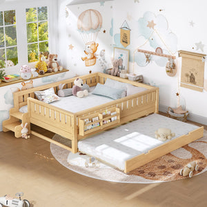 English Elm Queen Bunk Bed with Trundle Solid Pine Kids Car Themed Frame Built-in Bookshelf Light Natural W1580S00563