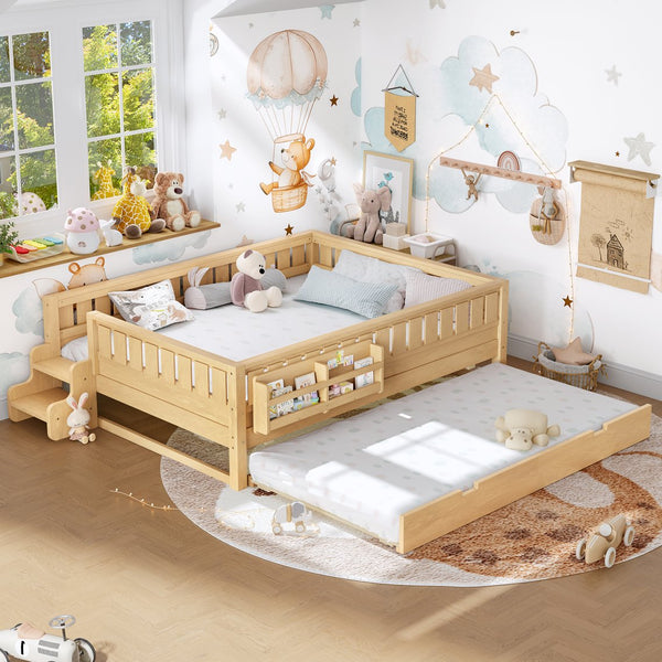 English Elm Queen Bunk Bed with Trundle Solid Pine Kids Car Themed Frame Built-in Bookshelf Light Natural W1580S00563