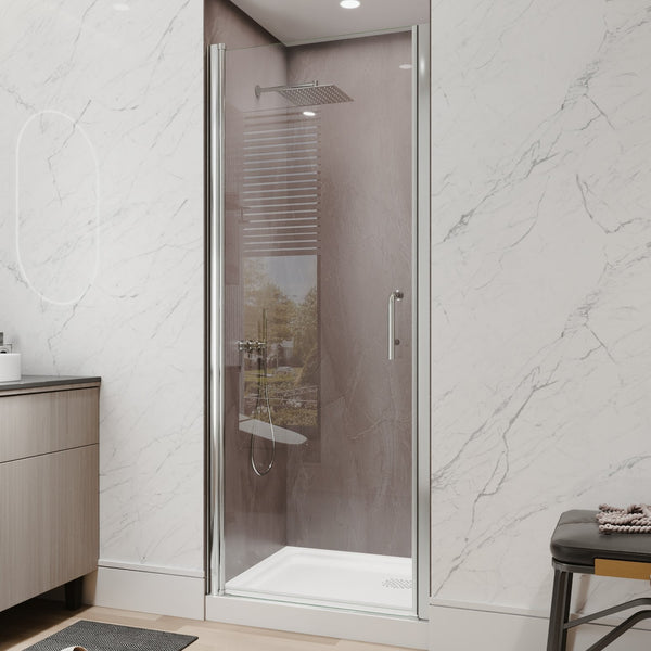 English Elm 30--32 in Frameless Pivot Shower Door Clear Tempered Glass Chrome Hardware Reversible W63777026