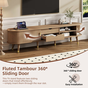 English Elm Wooden Fluted Tambour Media Console Mid Century Modern Tv Stand with Built in Charging Natural N721P428444L