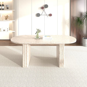 English Elm Kitchen extendable dining table with travertine-inspired melamine top, rounded edges, sturdy wooden base for family gatherings Beige W1347S00017