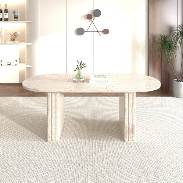 English Elm Kitchen extendable dining table with travertine-inspired melamine top, rounded edges, sturdy wooden base for family gatherings Beige W1347S00017