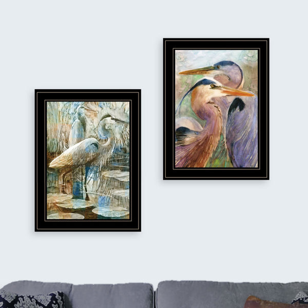 English Elm "blue Heron" Diptych Framed Wall Art Matte Black Wood Panels for Living Room or Bedroom B06789455