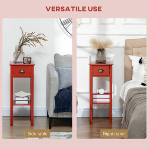 English Elm HOMCOM Narrow 2-Tier Side Table with Drawer and Elevated Shelf — Slim Accent End Table, Sturdy Storage Red W2225P200906