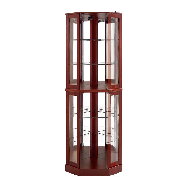 English Elm 6 Shelf Corner Curio Cabinet with Interior Lighting, Mirrored Back, Glass Shelves for Displays Cherry W1693P165027