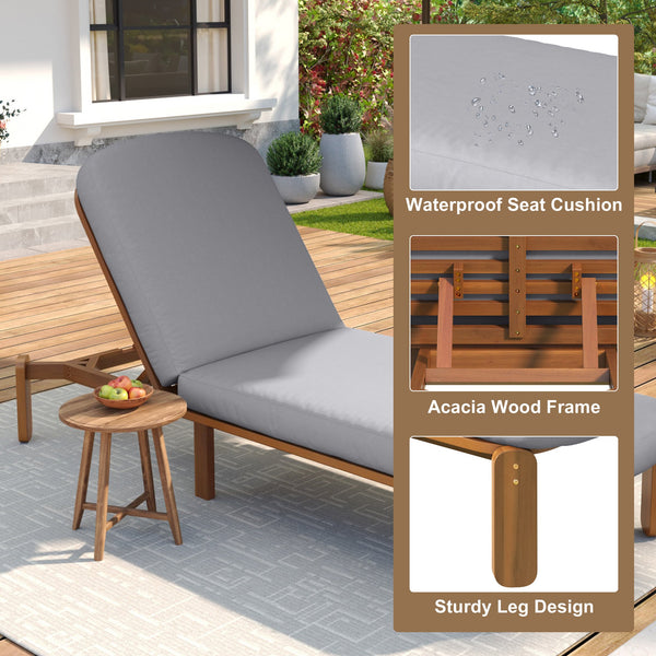 English Elm Outdoor Acacia Wood Chaise Lounge Reclining Patio Chair with Cushion for Poolside Grey N719P445623A