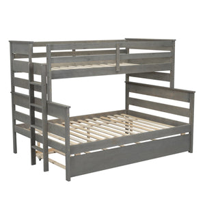 English Elm Wood Twin over Full Bunk Bed with Twin Trundle – Space-Saving Pine/MDF Triple Bed, Sturdy & Safe Design Grey GX000448AAE-1
