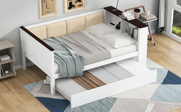 English Elm Twin Pine Wood Daybed with Trundle Upholstered Backrest Storage Shelf and Usb Port N7090002232K