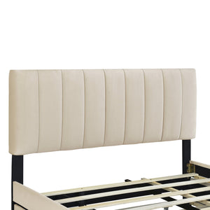 English Elm Queen Tufted Velvet Platform Bed with Storage Drawers and Pull Out Trundle Beige LP000714AAA-1