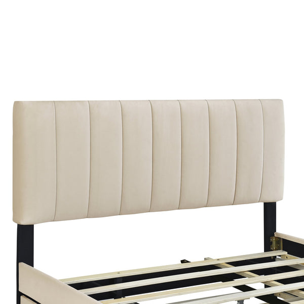 English Elm Queen Tufted Velvet Platform Bed with Storage Drawers and Pull Out Trundle Beige LP000714AAA-1