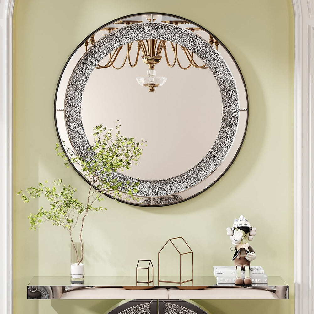 English Elm 33.46"(85cm)Crystal Radiant Diamond Mirror Silver Round Wall Art — Beveled Glass, Acrylic Sparkle W3836P361755