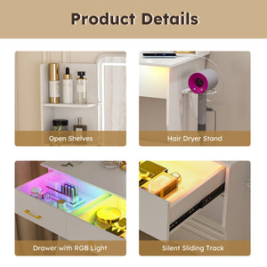 English Elm Vanity LED RGB Dressing Table with Power Outlets, Large Storage Drawers, 3 Light Modes & Stool W509P297013