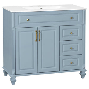 English Elm 36" Bathroom Vanity - Modern Blue Grey Solid Wood Cabinet With Elegant Gold Handles & Ample Storage N725P356069E