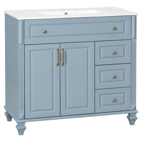 English Elm 36" Bathroom Vanity - Modern Blue Grey Solid Wood Cabinet With Elegant Gold Handles & Ample Storage N725P356069E