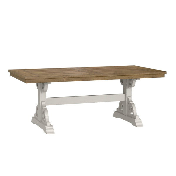 English Elm Wallace & Bay - Brown Farmhouse Trestle Dining Table – Rustic Dark Pine & Weathered White Finish For 6-8 Guests B361P384404-GIGA