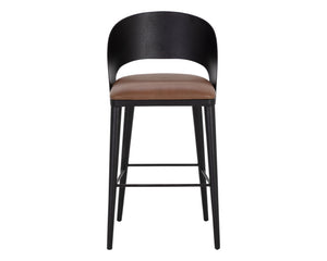Sunpan Dezirae Barstool - Stylish Curved Back Design with Genuine Leather Seat and Unique Craftsmanship Black / Cognac Leather