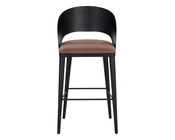 Sunpan Dezirae Barstool - Stylish Curved Back Design with Genuine Leather Seat and Unique Craftsmanship Black / Cognac Leather