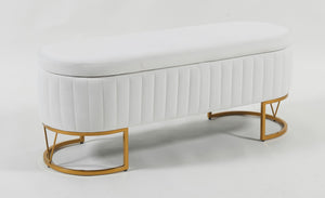 English Elm Oval Velvet Storage Bench with Metal Legs — Luxurious Upholstered Ottoman with Lift-Top Storage, 300lb Capacity, Modern Decorative Seating Ivory T3903P372929