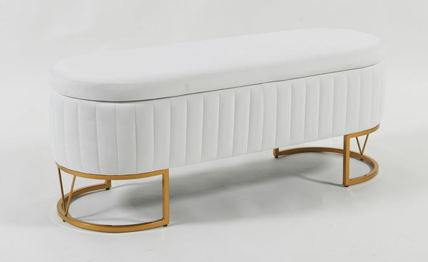 English Elm Oval Velvet Storage Bench with Metal Legs — Luxurious Upholstered Ottoman with Lift-Top Storage, 300lb Capacity, Modern Decorative Seating Ivory T3903P372929