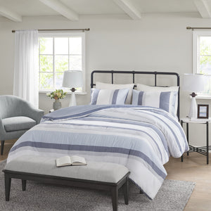 English Elm King/Cal King Allegany 3 Piece Jacquard Duvet Cover Set – Striped Blue Gray Cream, Antimicrobial, Machine Washable, Button Closure B03597366