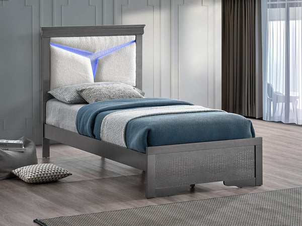 English Elm Lorana Plush Teddy Upholstered Twin Bed with Built-in Led Headboard for Kids Rooms Gray B078S00663