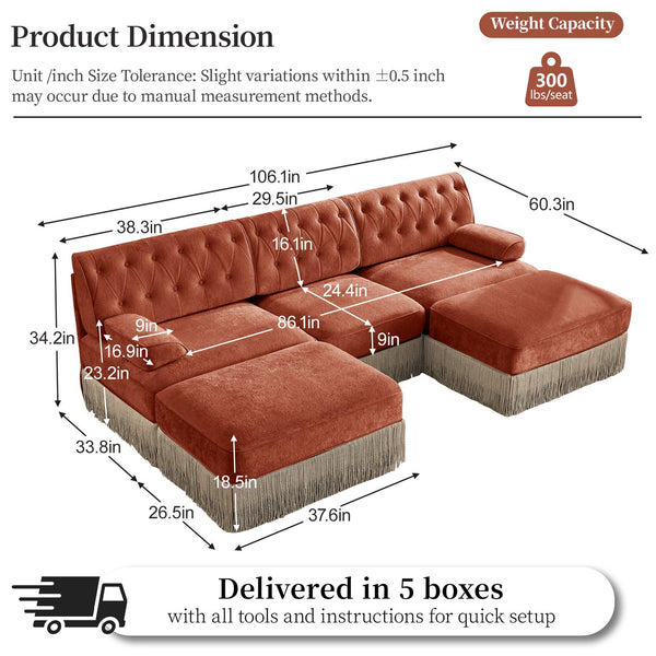 English Elm U Shaped Velvet Chesterfield Sectional with Tufting Tassel Fringe Skirt Modular Living Room Sofa Red+Brown W714S01724