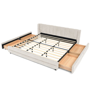 English Elm King Chenille Upholstered Platform Bed with Storage Drawers and Structured Headboard Beige W487S00414