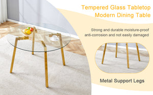 English Elm Modern Round Tempered Glass Dining Table with Gold 7-Shaped Legs, 47.3" Clear Top, Durable Luxury W1151S01881