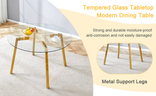 English Elm Modern Round Tempered Glass Dining Table with Gold 7-Shaped Legs, 47.3" Clear Top, Durable Luxury W1151S01881