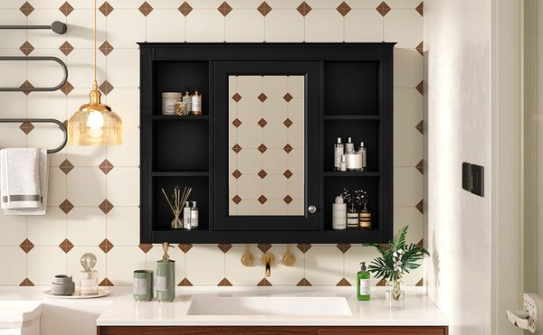 English Elm 35'' Modern Wall-Mounted Medicine Cabinet With Mirror, 6 Shelves & Towels Rod For Effortless Storage N710P236930B
