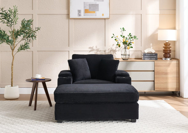 English Elm Corduroy Upholstered Chaise Lounge Sofa with Movable Ottoman, Cup Holder, Deep Seat Comfort Black W2120S00011