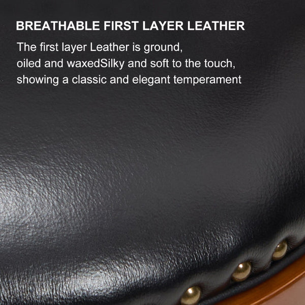 English Elm Seat 29.5" Cow-Top Leather Bar Stool With 360° Swivel, Contoured Back & Durable Wood Frame, Black W2195P331494-GIGA