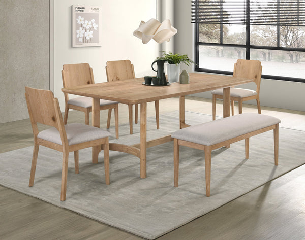 English Elm 6pc Rectangular Dining Set with Bench and 4 Upholstered Chairs in Light Brown Wood Finish, Cozy Elegance B011S01924