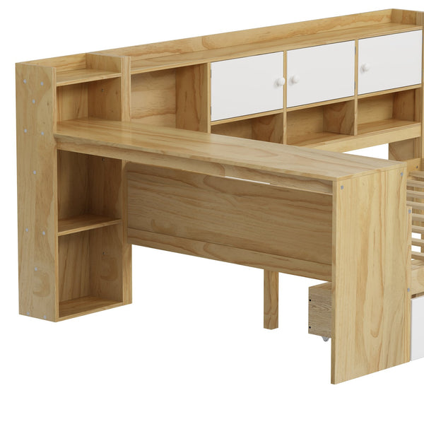 English Elm Wooden L-shape Twin Bed with Study Desk Bookshelf and Nine Storage Cabinets N733S247070M